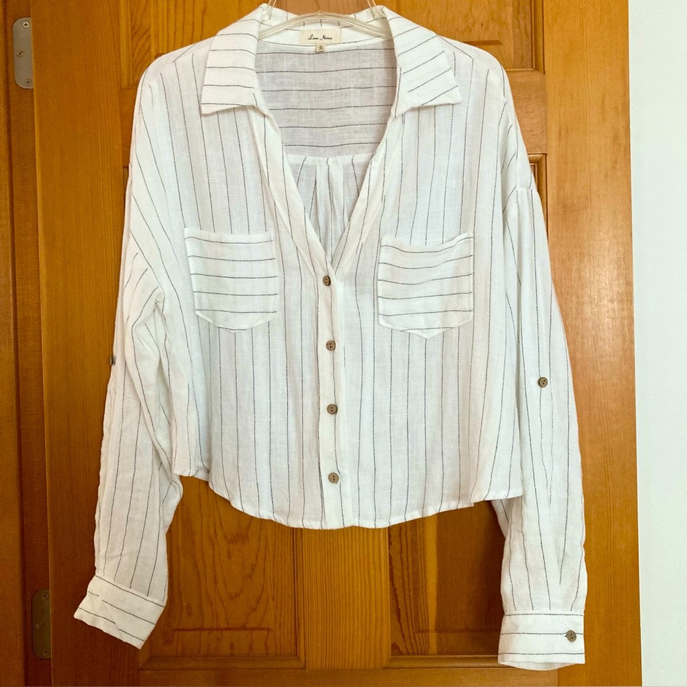Love Notes White and Black Striped Linen Blend Button Down Shirt-Large